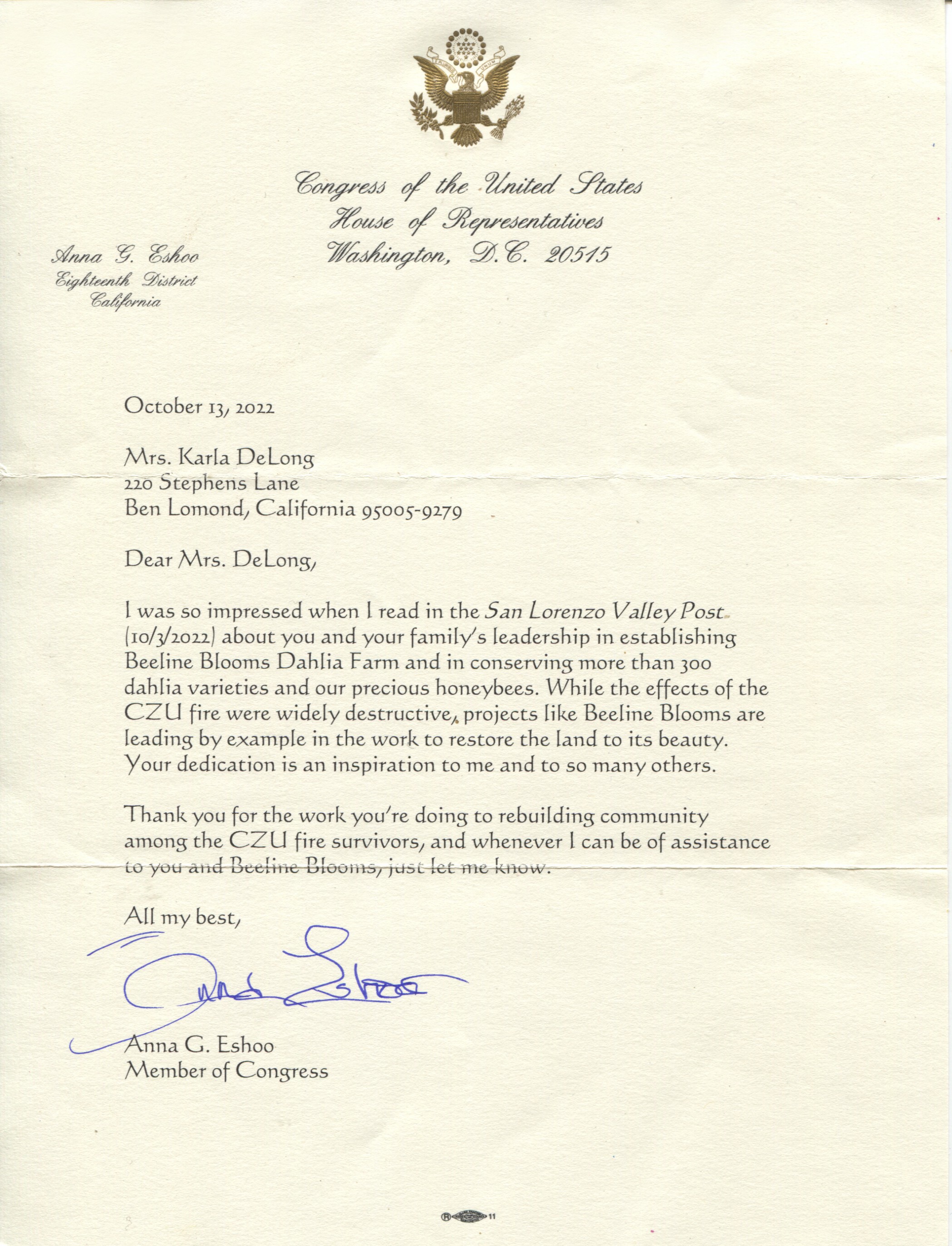A letter from Congresswoman Anna G. Eshoo